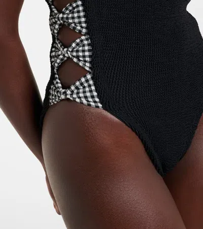 Hunza G Tiffany Cutout Gingham-trimmed Seersucker Swimsuit In Multi
