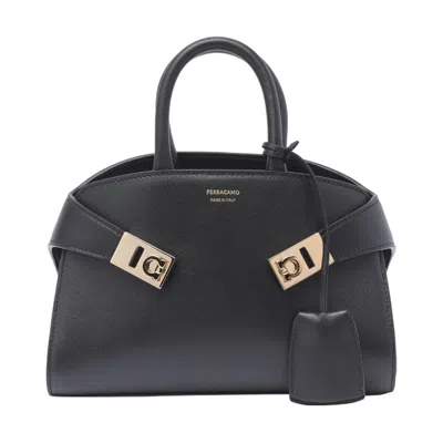 Ferragamo Hug M' Black Handbag With Logo And Gancini Buckle In Leather