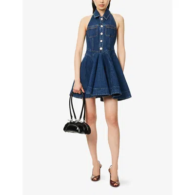 Self-portrait Denim Flared Mini Dress In Blue
