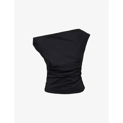 Good American Womens Black001 Asymmetric-shoulder Ruched Cotton-poplin Top
