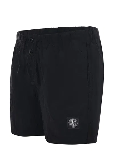 Stone Island Slim Fit Swim Trunks With Compass Patch In Black