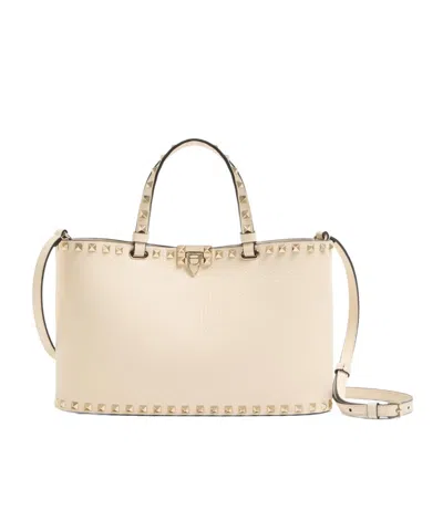 Valentino Garavani Rockstud Small Shopping Bag In Grainy Calfskin In White