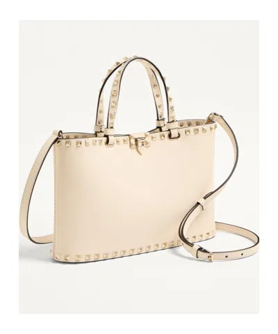 Valentino Garavani Rockstud Small Shopping Bag In Grainy Calfskin In White
