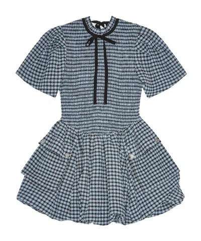 Ganni Blue Seersucker Check Mini Smock Dress