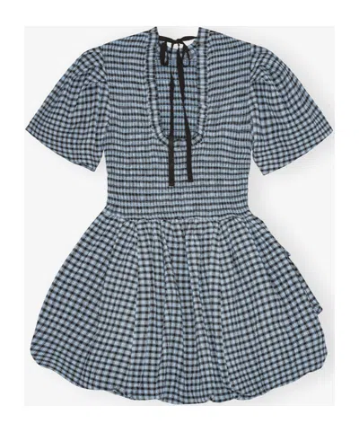 Ganni Blue Seersucker Check Mini Smock Dress