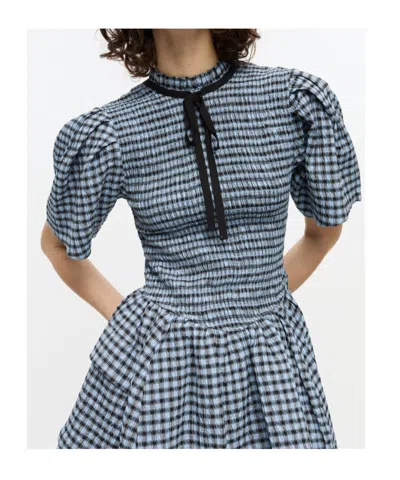 Ganni Blue Seersucker Check Mini Smock Dress