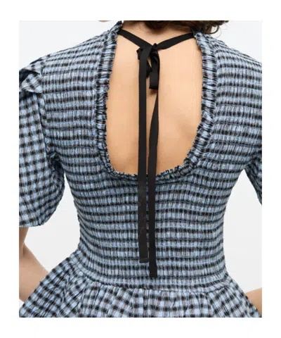 Ganni Blue Seersucker Check Mini Smock Dress