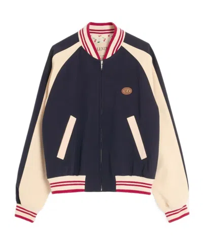 Valentino Wool And Cotton Bomber Jacket With Vlogo And Chat De La Maison Patch In Blue