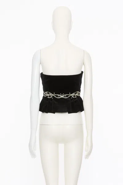 Valentino Embellished Satin-trimmed Cropped Cotton-blend Velvet Peplum Top In Black
