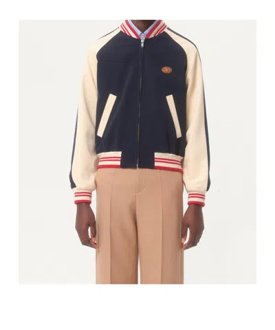 Valentino Wool And Cotton Bomber Jacket With Vlogo And Chat De La Maison Patch In Blue