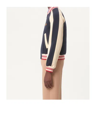 Valentino Wool And Cotton Bomber Jacket With Vlogo And Chat De La Maison Patch In Blue