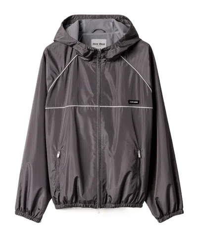 Miu Miu Technical Silk Zipper Blouson Jacket In Gray
