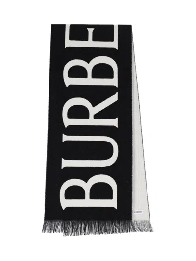 Burberry Black And White Wool Reversible Scarf In Black
