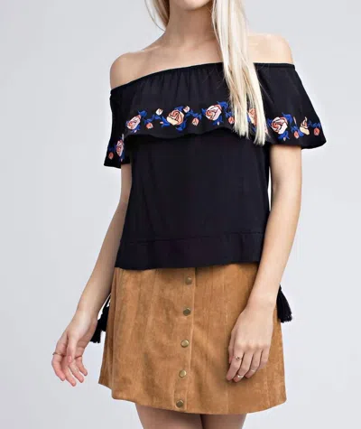 Honey Punch Strapless Embroidered Ruffle Top In Black