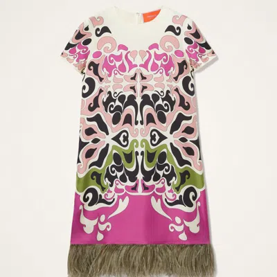 La Doublej Mini Swing Feather-trimmed Silk Minidress In Multi