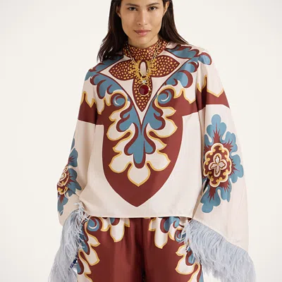 La Doublej Make An Exit Feather-trimmed Silk Top In White