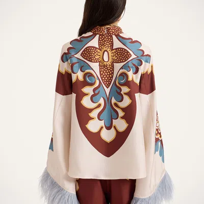 La Doublej Make An Exit Feather-trimmed Silk Top In White