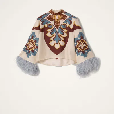 La Doublej Make An Exit Feather-trimmed Silk Top In White
