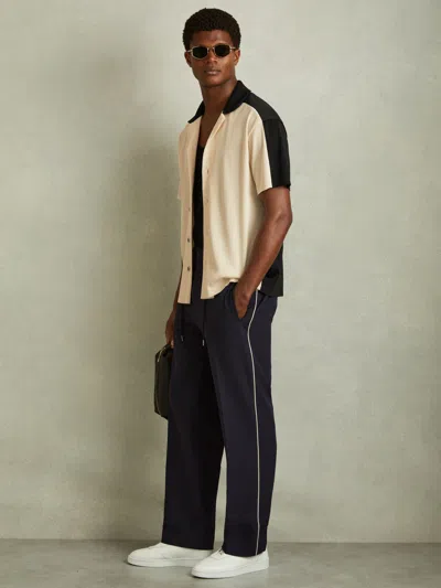 Reiss Off White/navy Oversized Plisse Cuban Collar Shirt