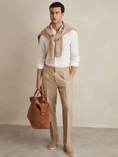 Reiss Soft Camel Brown Relaxed Drawstring Trousers With Turn-ups