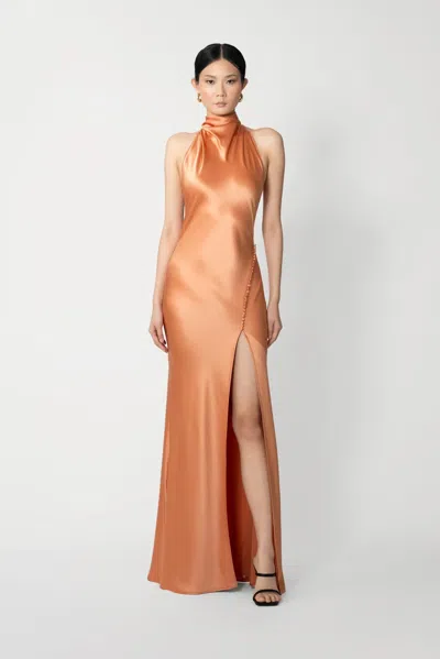 Sau Lee Penelope Satin Halter Neck Gown In Orange