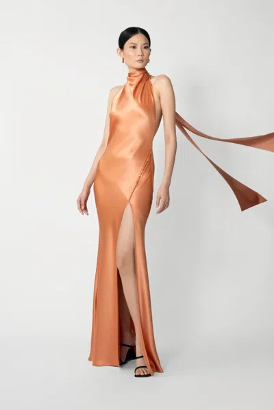 Sau Lee Penelope Satin Halter Neck Gown In Orange