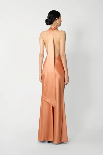 Sau Lee Penelope Satin Halter Neck Gown In Orange
