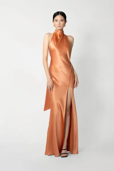 Sau Lee Penelope Satin Halter Neck Gown In Orange