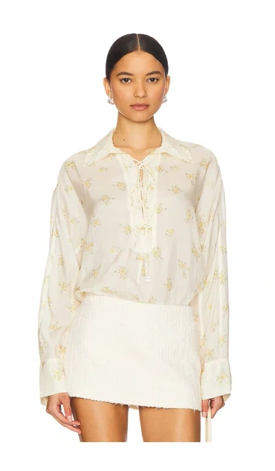 Ganni X Revolve Printed Viscose Habotai Tie String Shirt In Yellow
