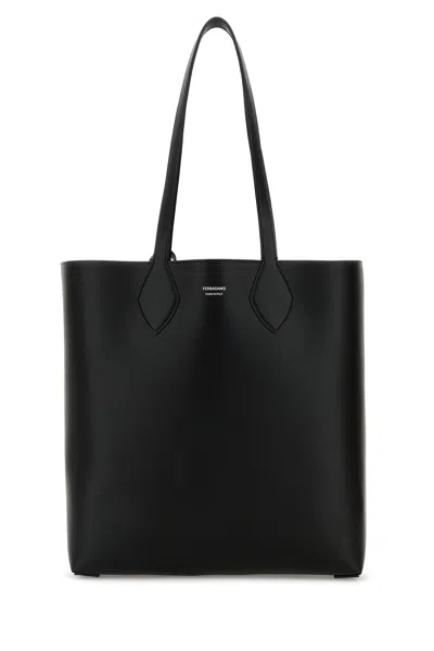 Ferragamo Leather Shopping Bag Double Handles In Black