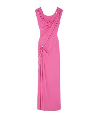 Versace Safety-pin Draped Crepe Jersey Slit Gown In Pink