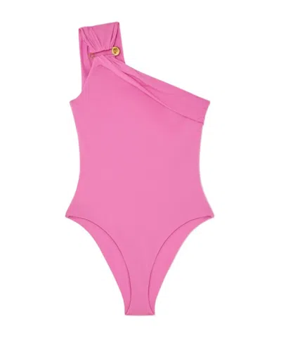 Versace Medusa Safety Pin Asymmetric One-piece Swimsuit In Pink