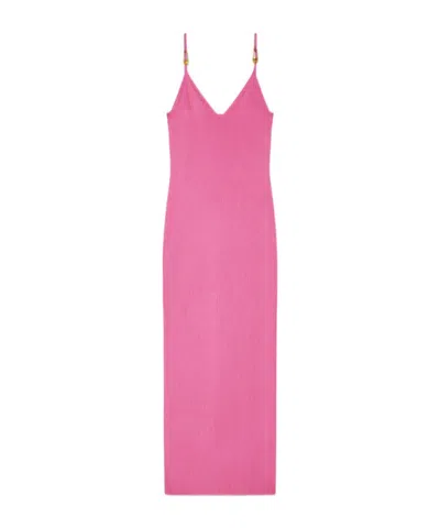 Versace Safety-pin Straps Rib Knit Midi Dress In Pink