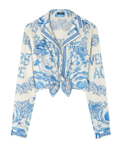 Versace Underwater Barocco Foulard Cotton Poplin Crop Shirt In Blue