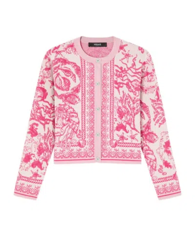 Versace Baroque Subaquatique Patterned Crew Neck Cardigan In Pink
