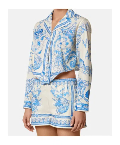 Versace Underwater Barocco Foulard Cotton Poplin Crop Shirt In Blue