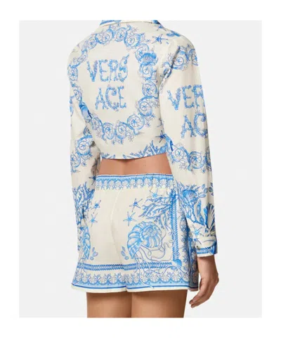 Versace Underwater Barocco Foulard Cotton Poplin Crop Shirt In Blue