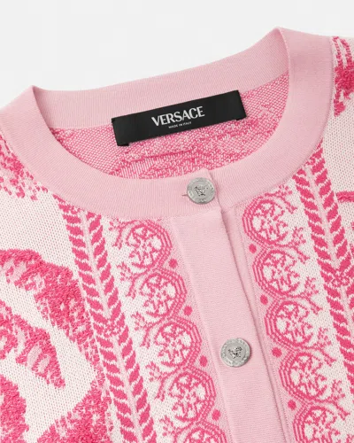 Versace Baroque Subaquatique Patterned Crew Neck Cardigan In Pink