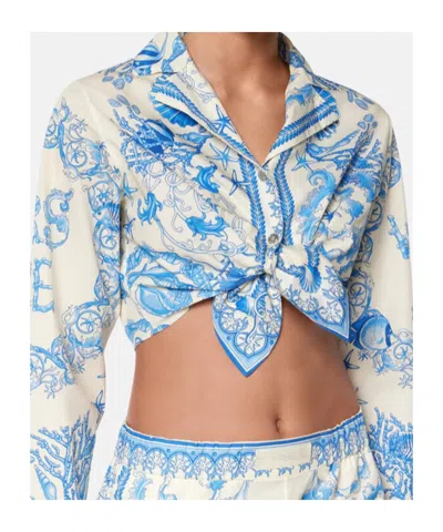 Versace Underwater Barocco Foulard Cotton Poplin Crop Shirt In Blue