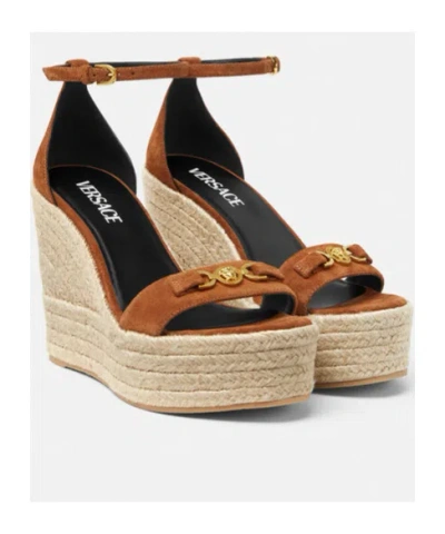 Versace Leather Espadrille Wedges 120 In Brown