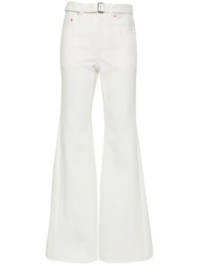 Sacai High-waisted Belted Flared Jeans In White