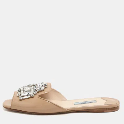 Pre-owned Prada Beige Patent Leather Crystal Embellished Slide Sandals Size 36.5