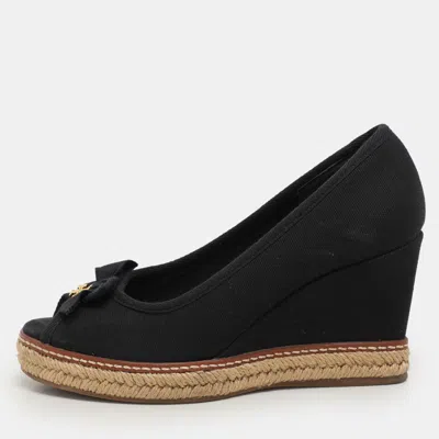Pre-owned Tory Burch Black Canvas Jackie Wedge Peep Toe Pumps Size 35.5
