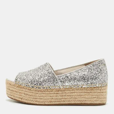 Pre-owned Miu Miu Silver Glitter Platform Espadrille Flats Size 39