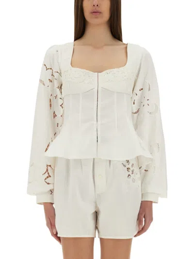 Marine Serre Fitted White Top With Square Neckline And Floral Embroidery