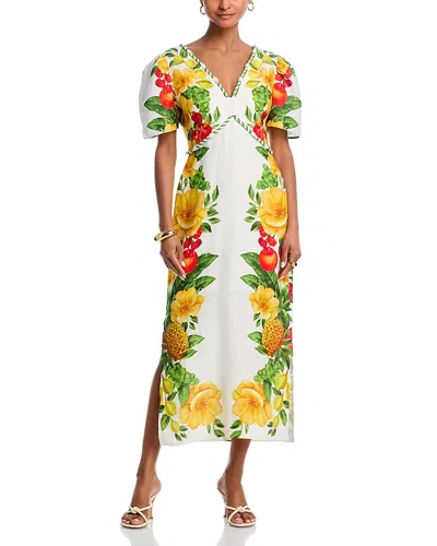 Farm Rio Off-white Picnic Flowers Euroflax Premium Linen Maxi Dress