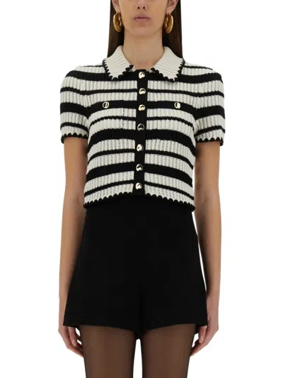 Self-portrait Cream And Black Striped Crochet Top Cream Black