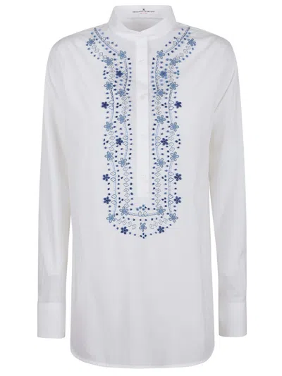 Ermanno Scervino Mandarin Collar Shirt With Intricate Blue Embroidery