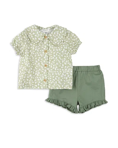 Firsts By Petit Lem Girls' Foliage Poplin Shirt & Ruffled Shorts Set - Baby In Green