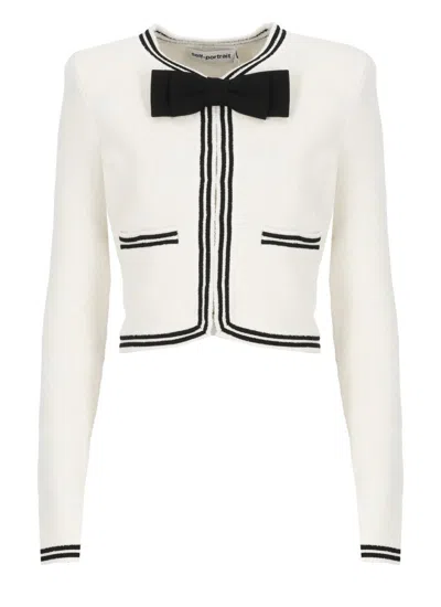 Self-portrait Beige Cardigan With Bow Detail On The Front And Contrasting Trims In Cotton Blend Woman